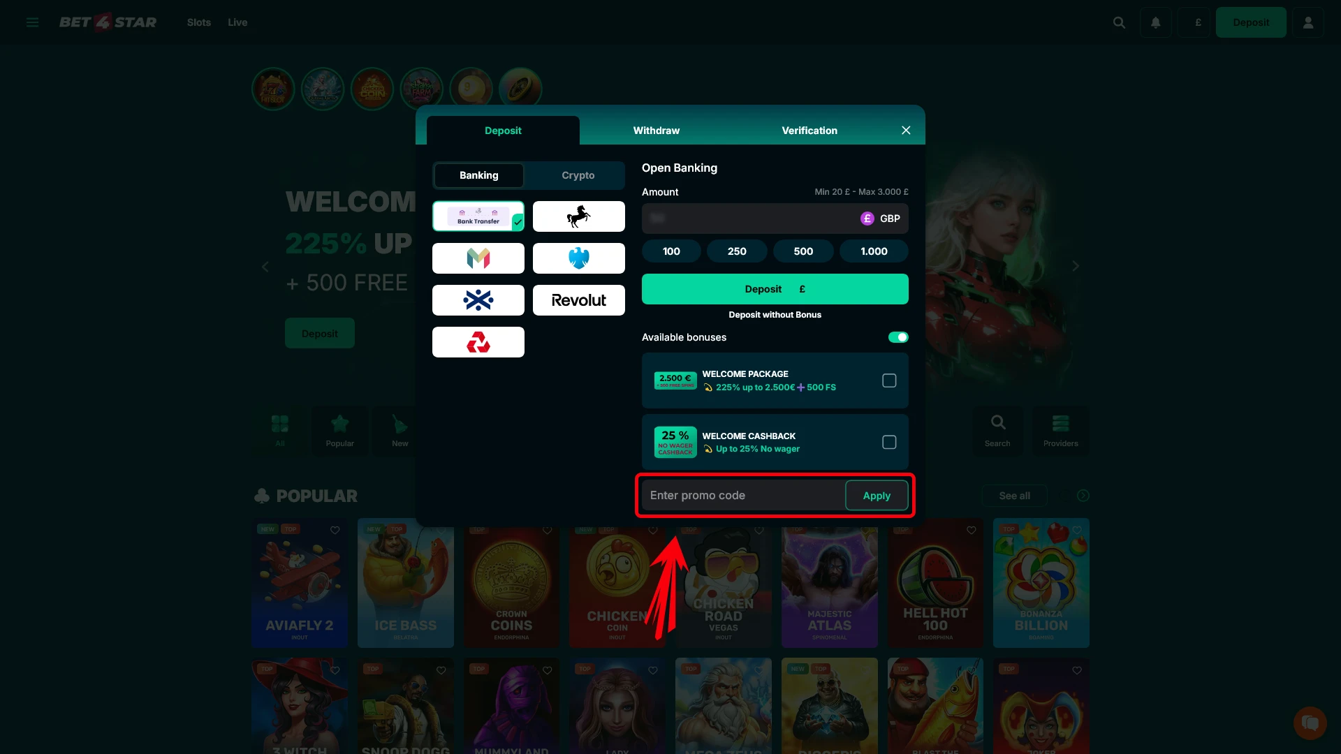 Submit a valid Bet4Star registration promo code to boost your balance.