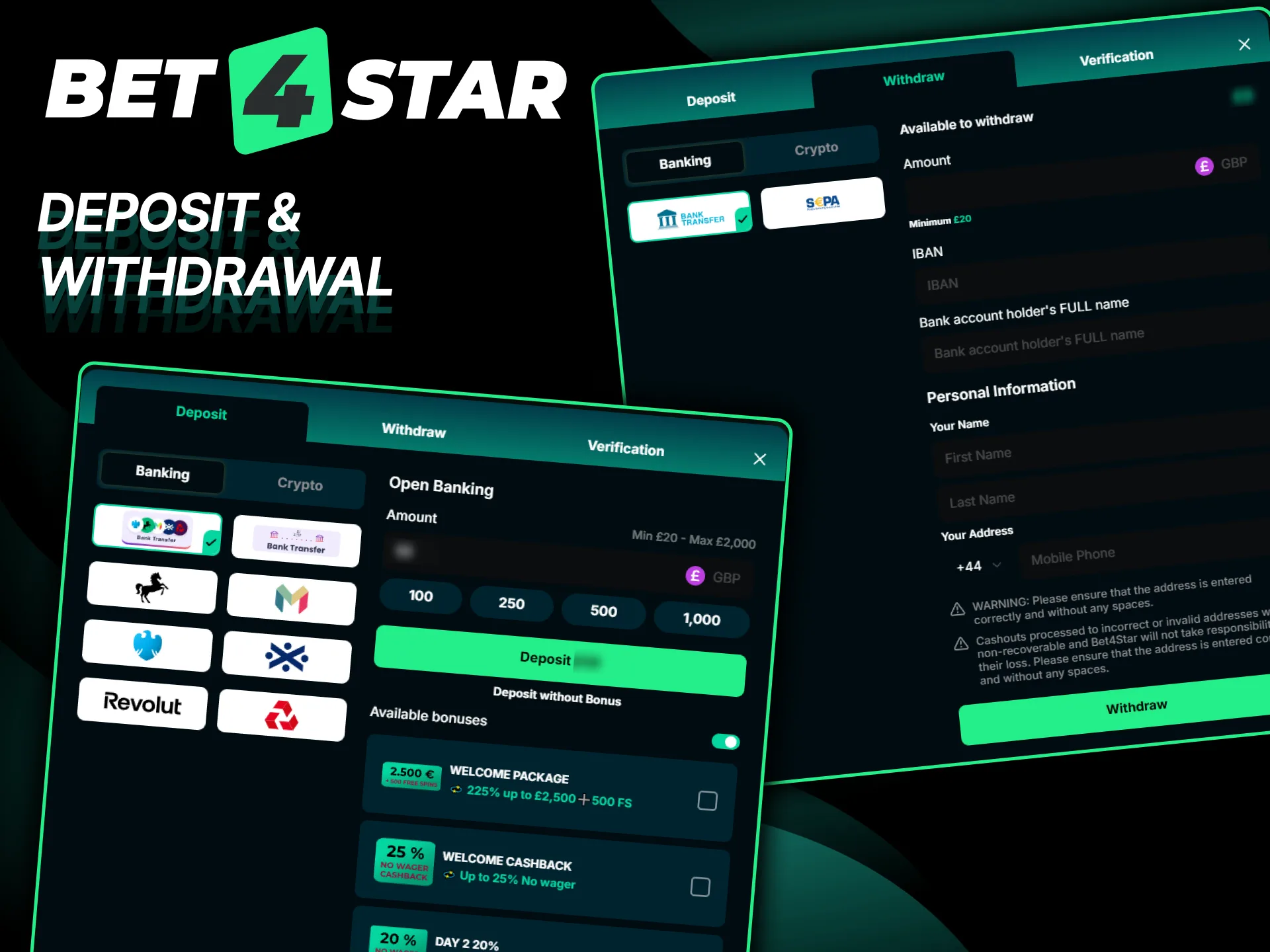 Choose convenient deposit and withdrawal methods at Bet4Star.