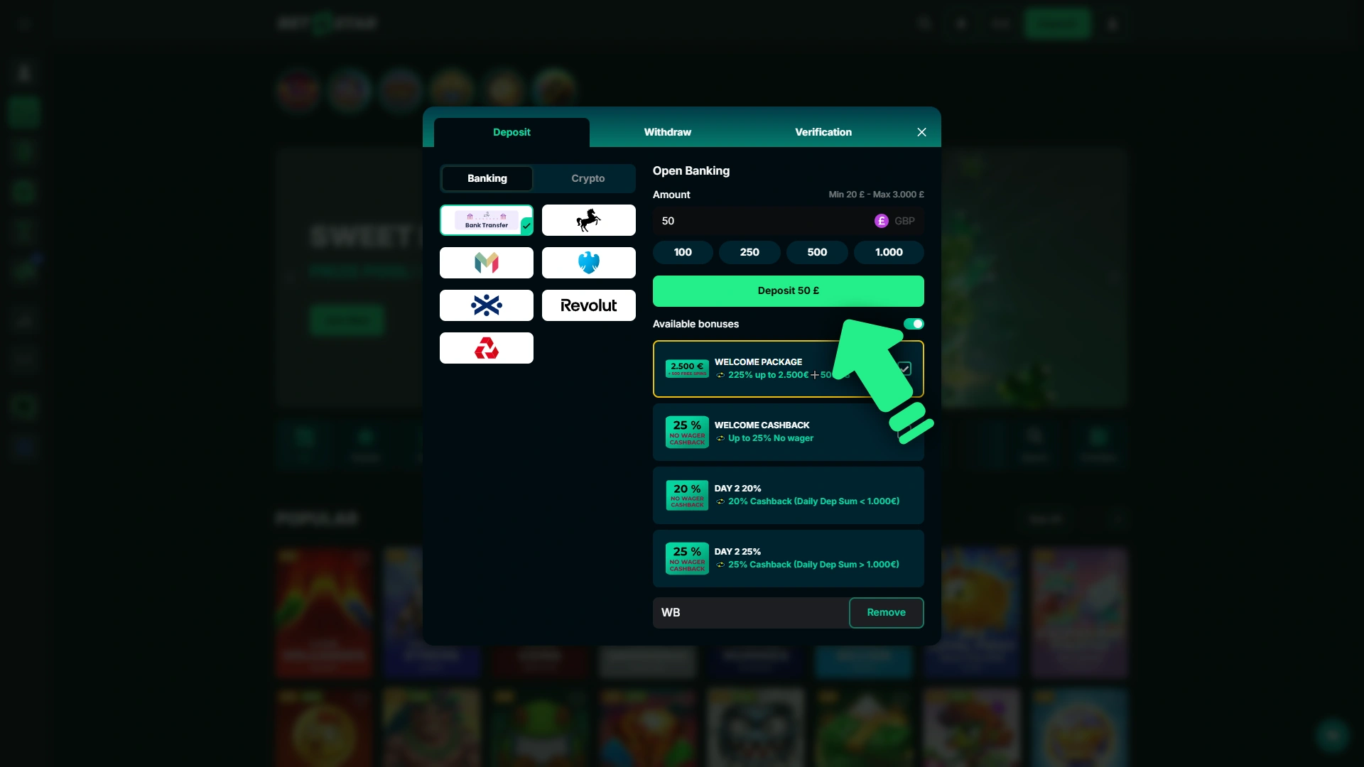Confirm the payment transaction to complete your successful Bet4Star deposit.