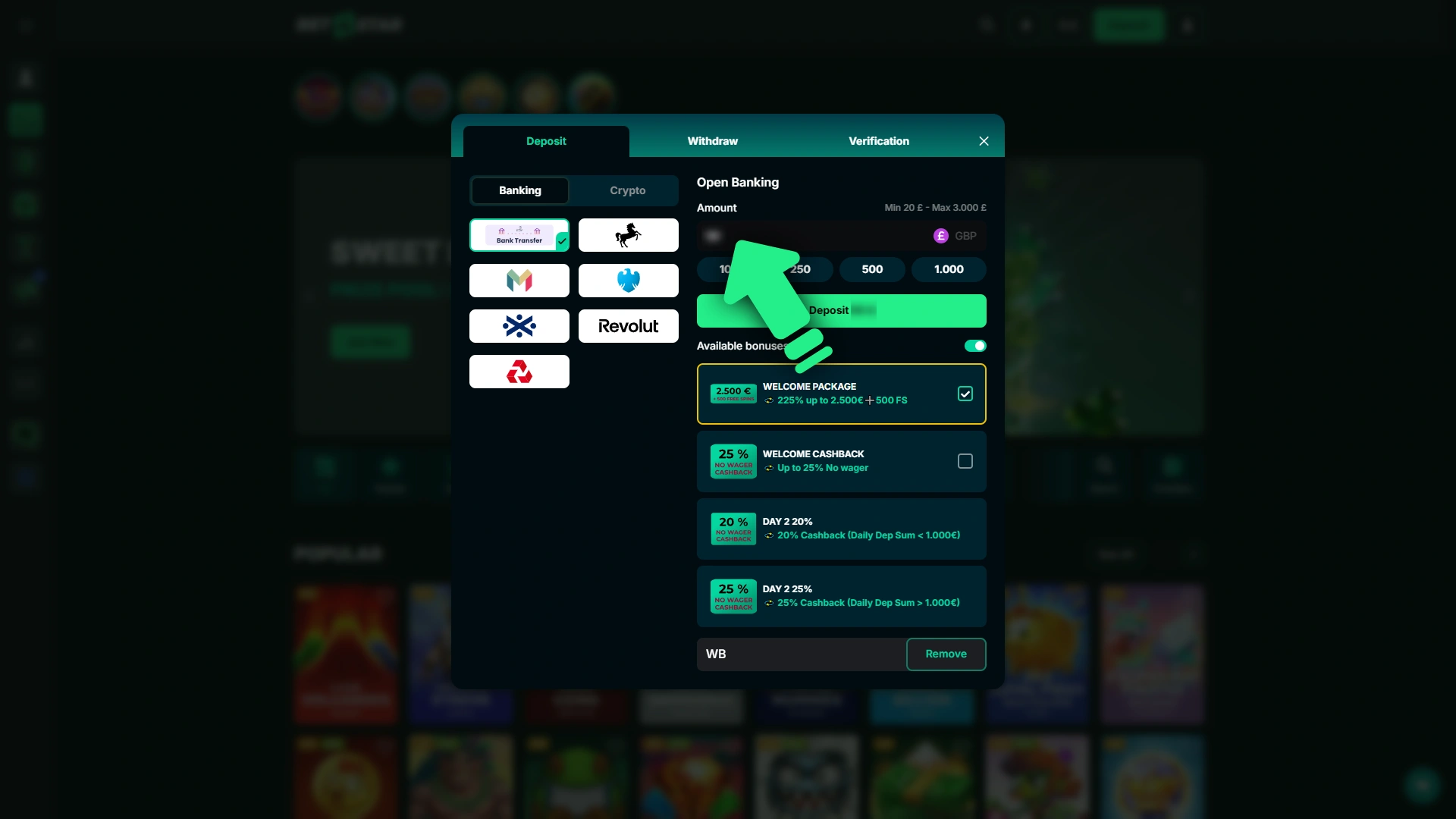 Enter the amount to continue the Bet4Star deposit.
