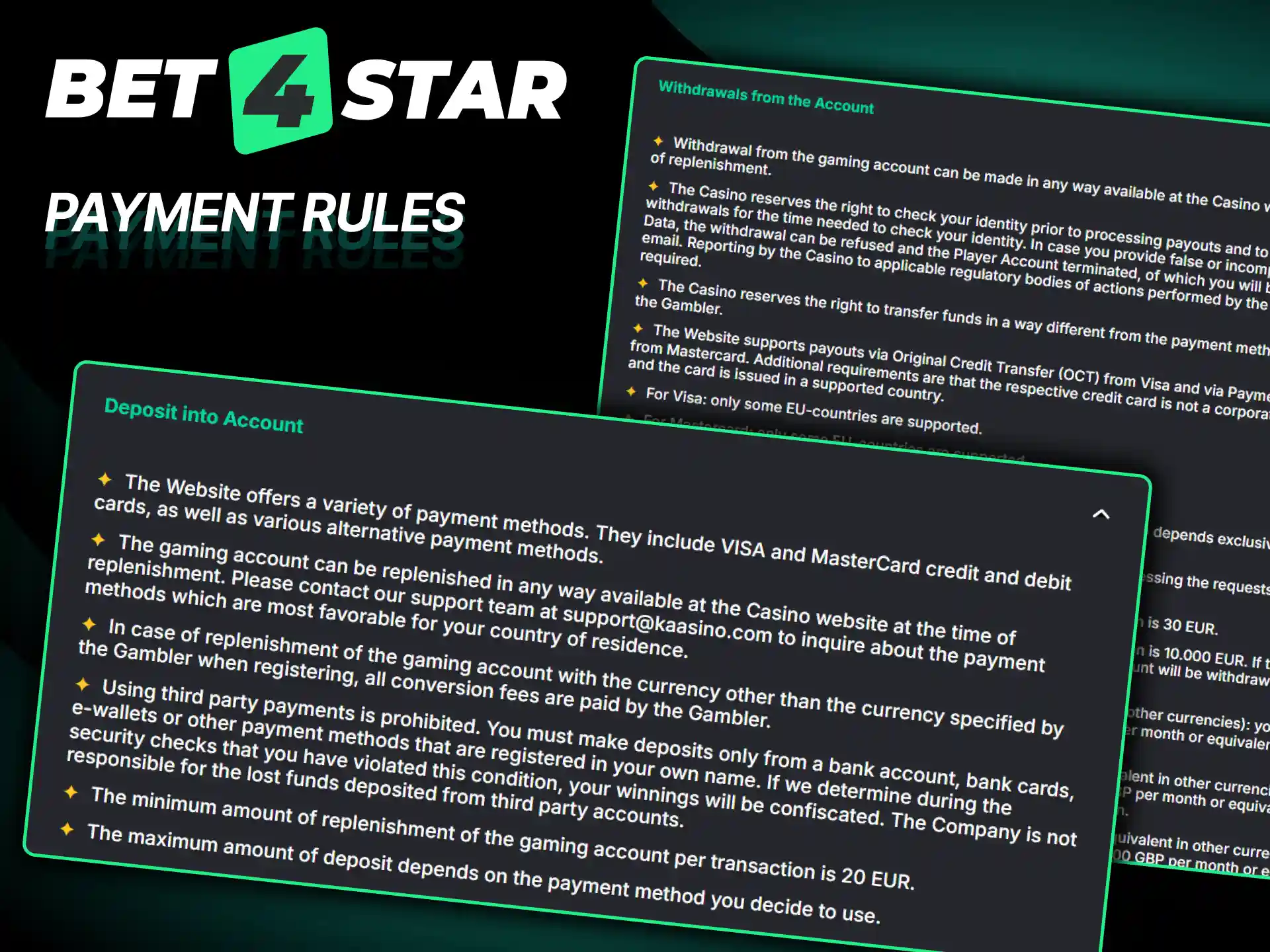 Read the important Bet4Star payment rules and terms before funding your account.