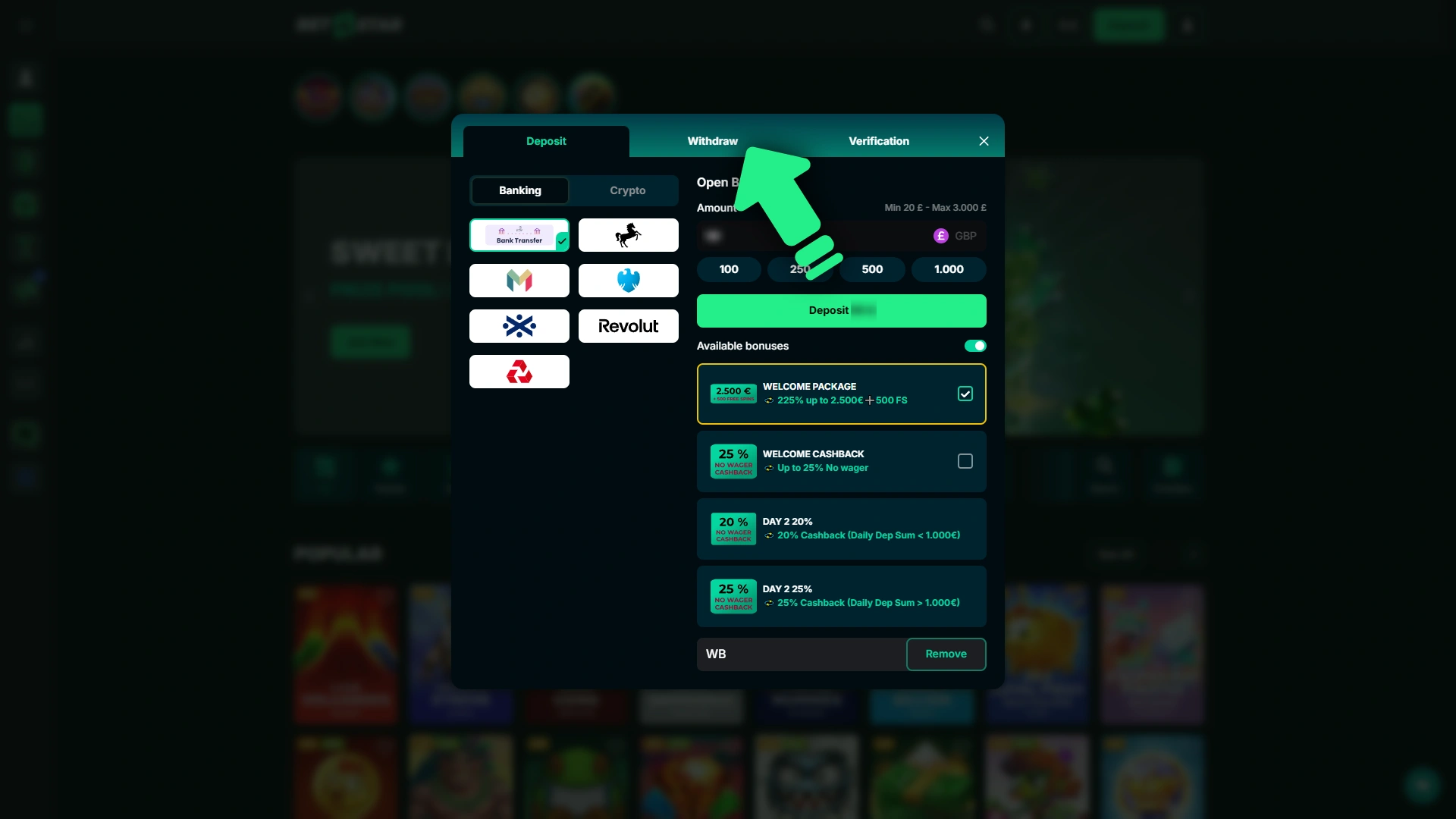 Access the main banking balance section to request a Bet4Star payout.